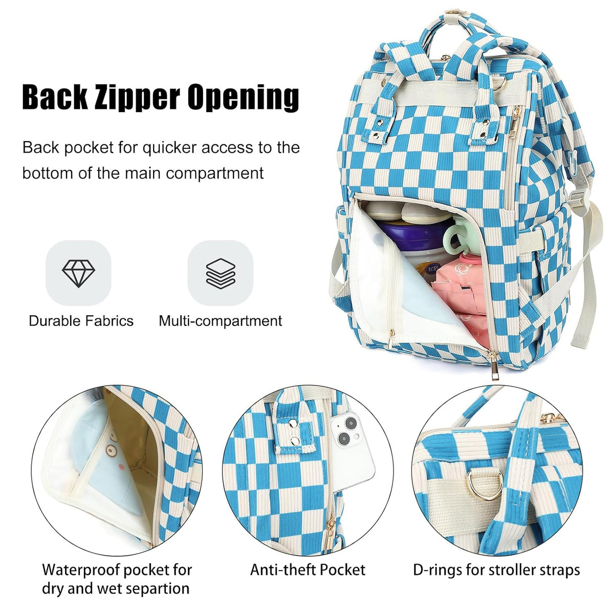 Baby Diaper Bag Backpack for Mom, Large Capacity Travel Nappy Bag for Boys & Girls with Stroller Straps (Corduroy Checkered Brown)