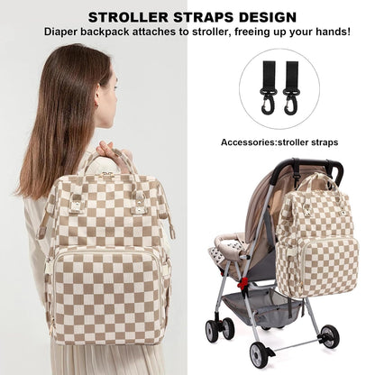 Baby Diaper Bag Backpack for Mom, Large Capacity Travel Nappy Bag for Boys & Girls with Stroller Straps (Corduroy Checkered Brown)