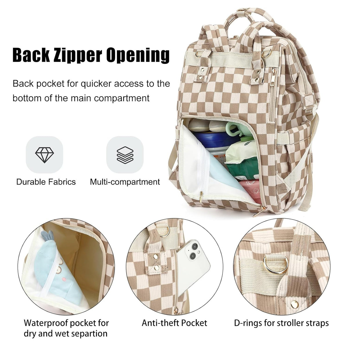 Baby Diaper Bag Backpack for Mom, Large Capacity Travel Nappy Bag for Boys & Girls with Stroller Straps (Corduroy Checkered Brown)
