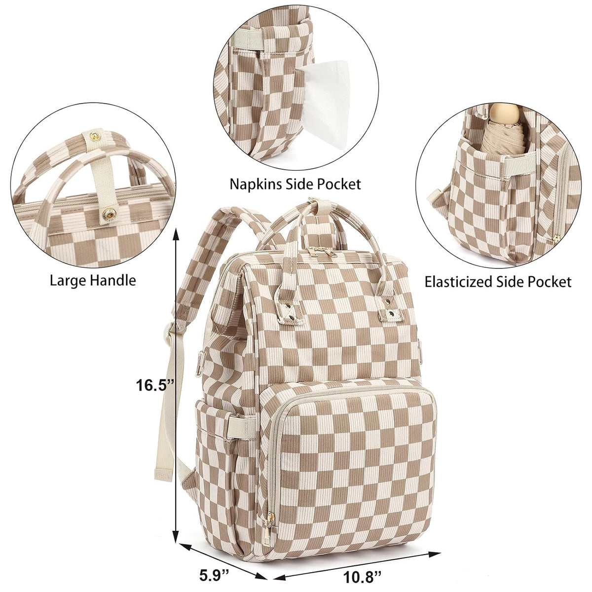 Baby Diaper Bag Backpack for Mom, Large Capacity Travel Nappy Bag for Boys & Girls with Stroller Straps (Corduroy Checkered Brown)