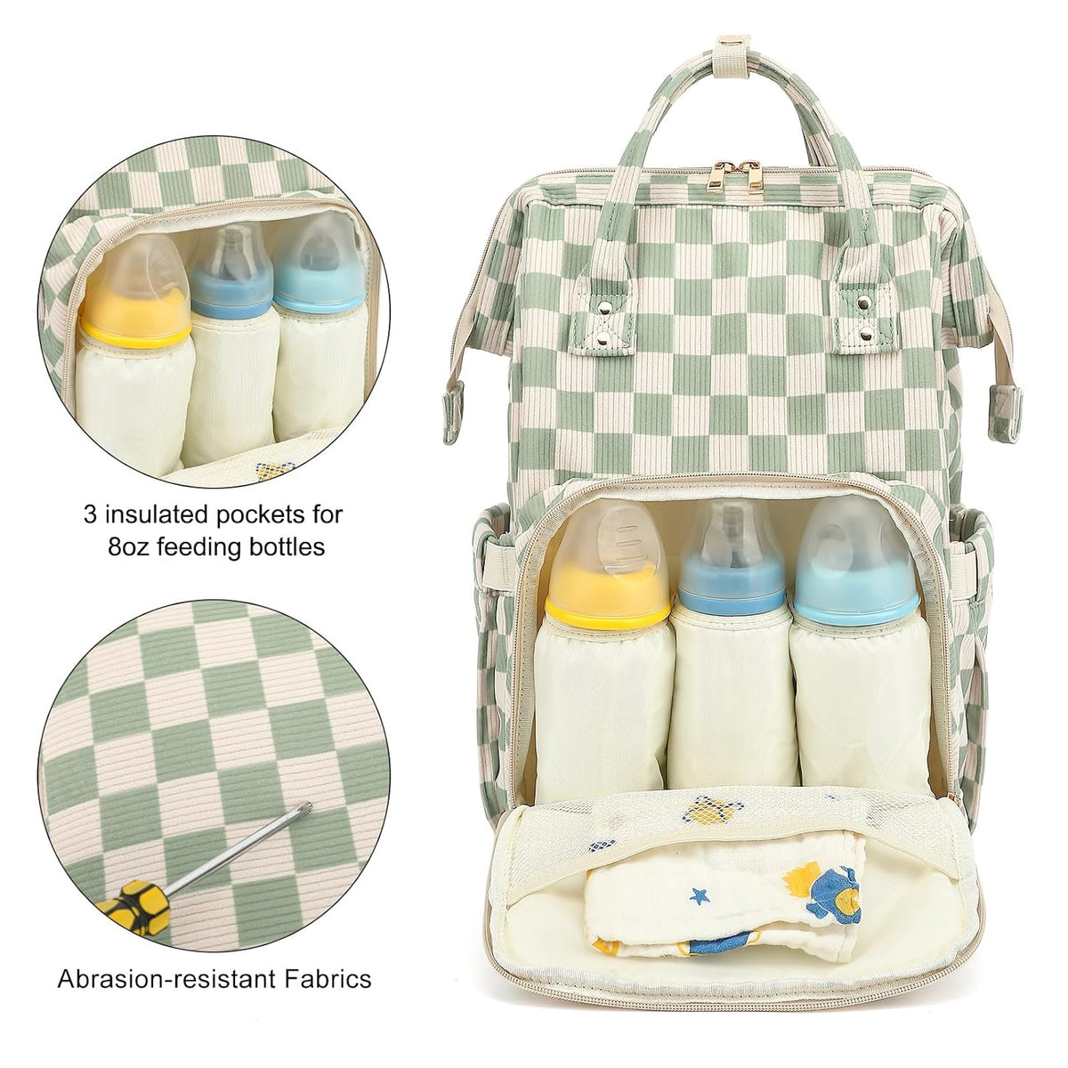 Baby Diaper Bag Backpack for Mom, Large Capacity Travel Nappy Bag for Boys & Girls with Stroller Straps (Corduroy Checkered Brown)