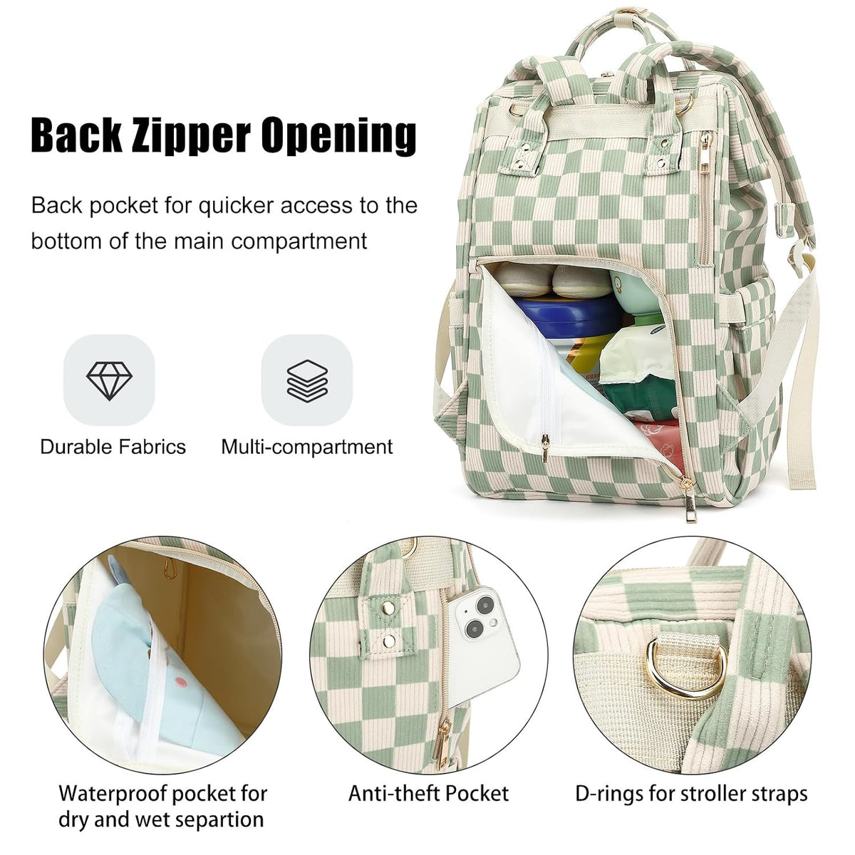 Baby Diaper Bag Backpack for Mom, Large Capacity Travel Nappy Bag for Boys & Girls with Stroller Straps (Corduroy Checkered Brown)