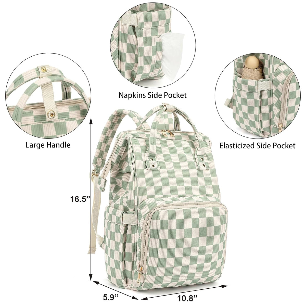 Baby Diaper Bag Backpack for Mom, Large Capacity Travel Nappy Bag for Boys & Girls with Stroller Straps (Corduroy Checkered Brown)