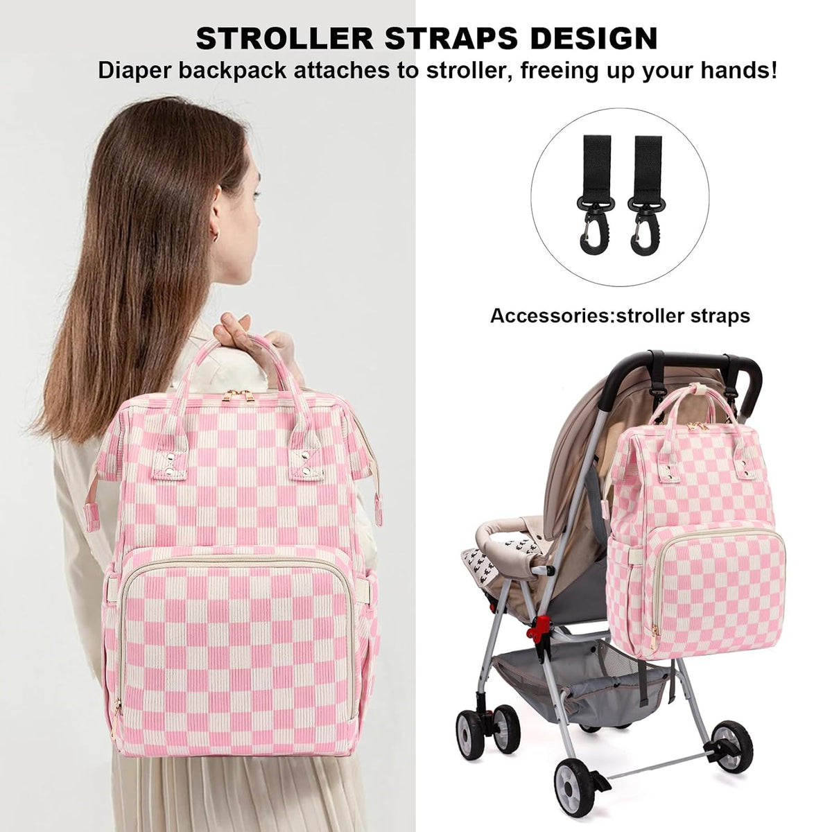 Baby Diaper Bag Backpack for Mom, Large Capacity Travel Nappy Bag for Boys & Girls with Stroller Straps (Corduroy Checkered Brown)