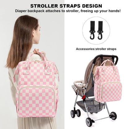 Baby Diaper Bag Backpack for Mom, Large Capacity Travel Nappy Bag for Boys & Girls with Stroller Straps (Corduroy Checkered Brown)