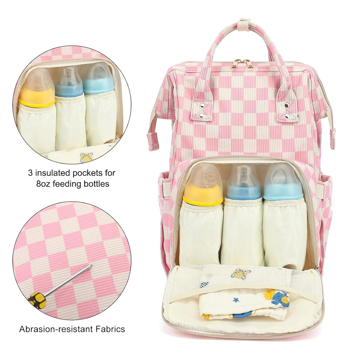 Baby Diaper Bag Backpack for Mom, Large Capacity Travel Nappy Bag for Boys & Girls with Stroller Straps (Corduroy Checkered Brown)