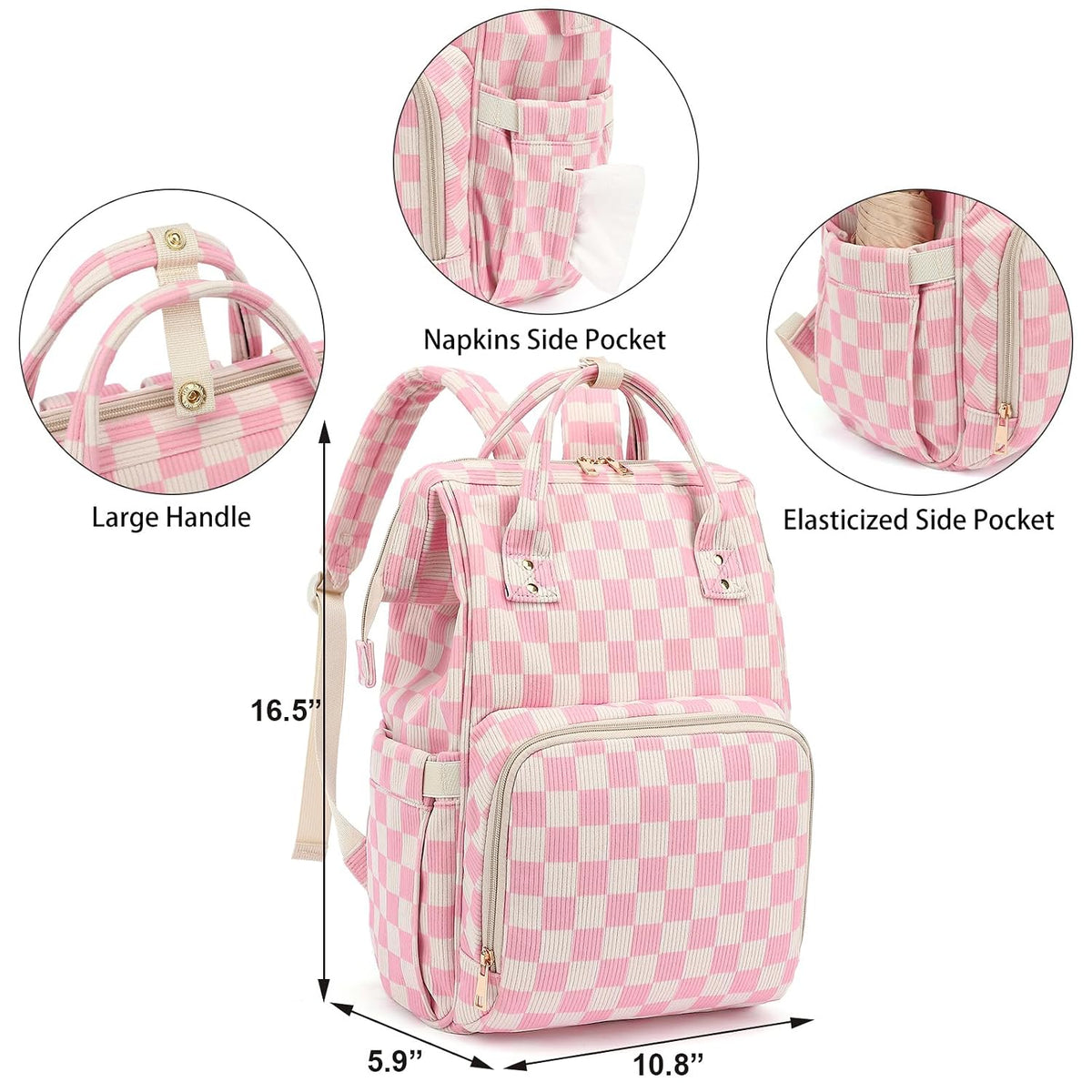 Baby Diaper Bag Backpack for Mom, Large Capacity Travel Nappy Bag for Boys & Girls with Stroller Straps (Corduroy Checkered Brown)