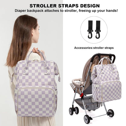 Baby Diaper Bag Backpack for Mom, Large Capacity Travel Nappy Bag for Boys & Girls with Stroller Straps (Corduroy Checkered Brown)