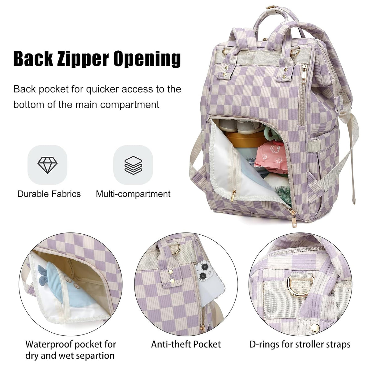 Baby Diaper Bag Backpack for Mom, Large Capacity Travel Nappy Bag for Boys & Girls with Stroller Straps (Corduroy Checkered Brown)