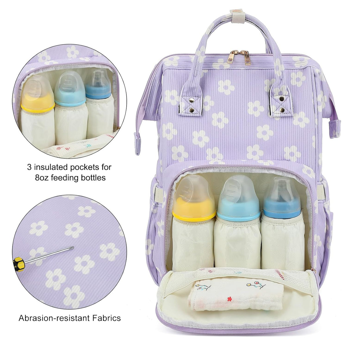 Baby Diaper Bag Backpack for Mom, Large Capacity Travel Nappy Bag for Boys & Girls with Stroller Straps (Corduroy Checkered Brown)