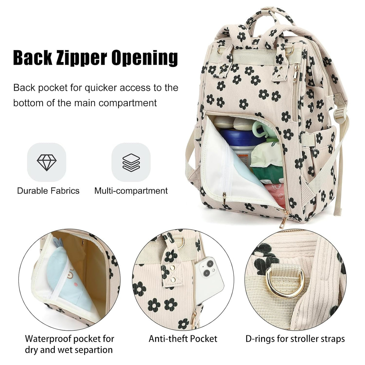 Baby Diaper Bag Backpack for Mom, Large Capacity Travel Nappy Bag for Boys & Girls with Stroller Straps (Corduroy Checkered Brown)