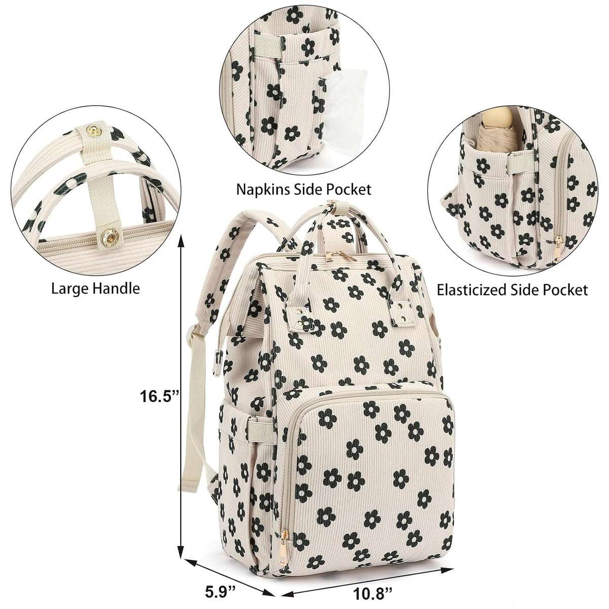 Baby Diaper Bag Backpack for Mom, Large Capacity Travel Nappy Bag for Boys & Girls with Stroller Straps (Corduroy Checkered Brown)