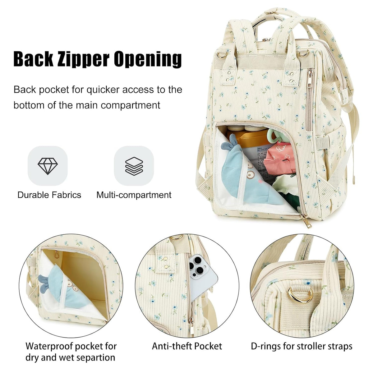 Baby Diaper Bag Backpack for Mom, Large Capacity Travel Nappy Bag for Boys & Girls with Stroller Straps (Corduroy Checkered Brown)