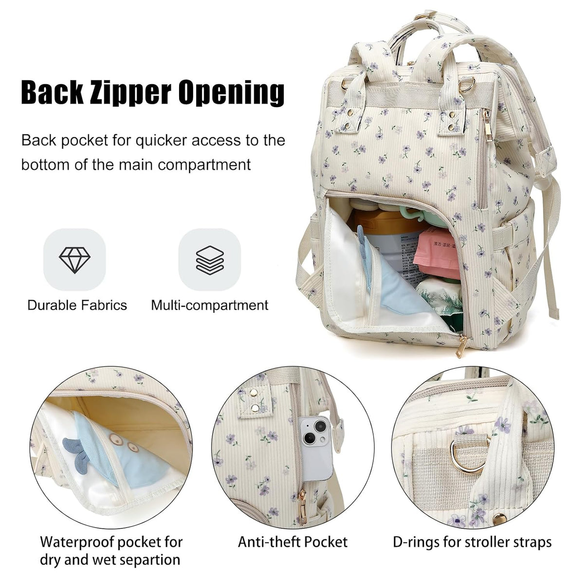Baby Diaper Bag Backpack for Mom, Large Capacity Travel Nappy Bag for Boys & Girls with Stroller Straps (Corduroy Checkered Brown)