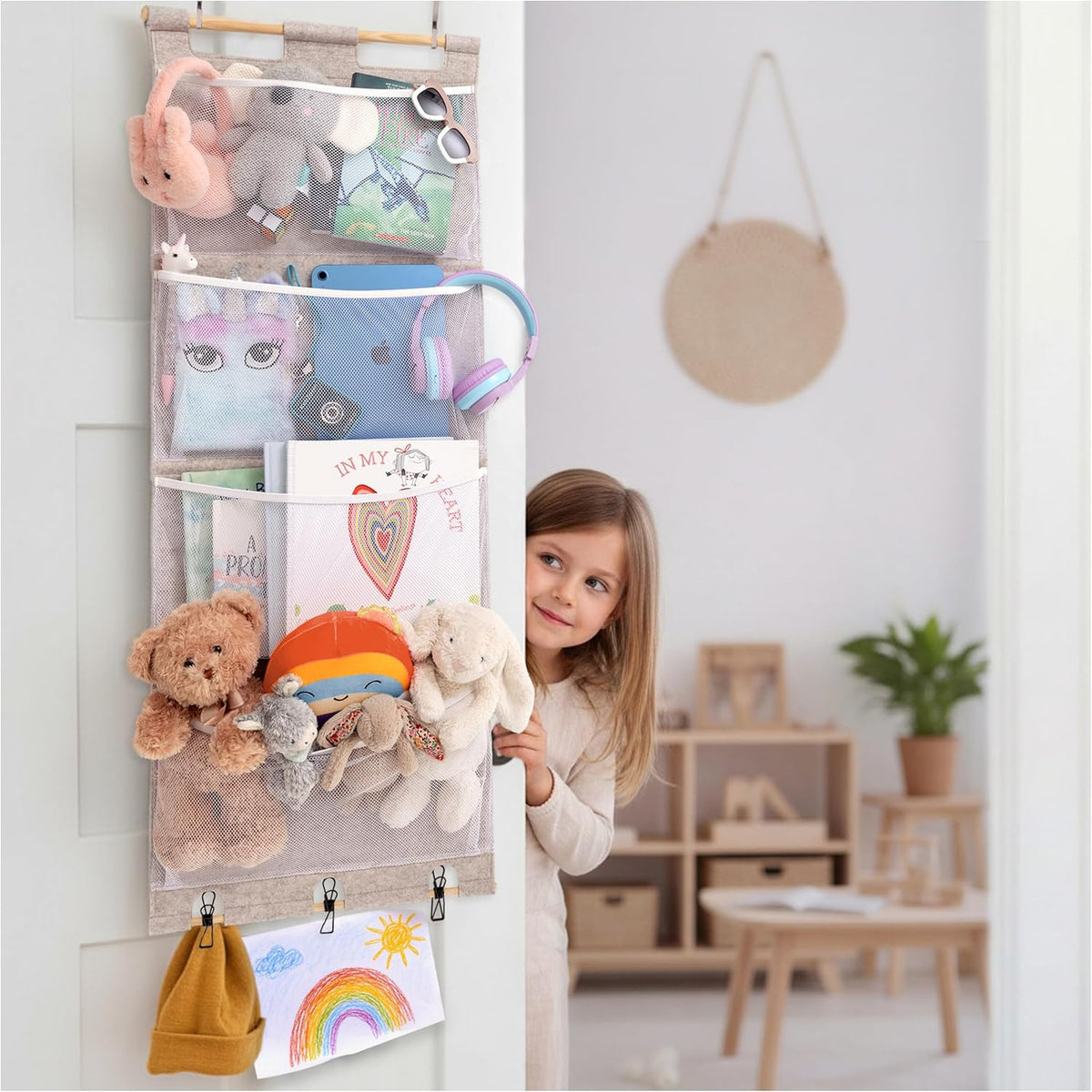 Over the Door Stuffed Animal Storage for Kids – Felt Organizer with Clips to Display Art and Mesh Pockets for Stuffies, Books and More – Space-Saving Hanging Design that Grows with your Child