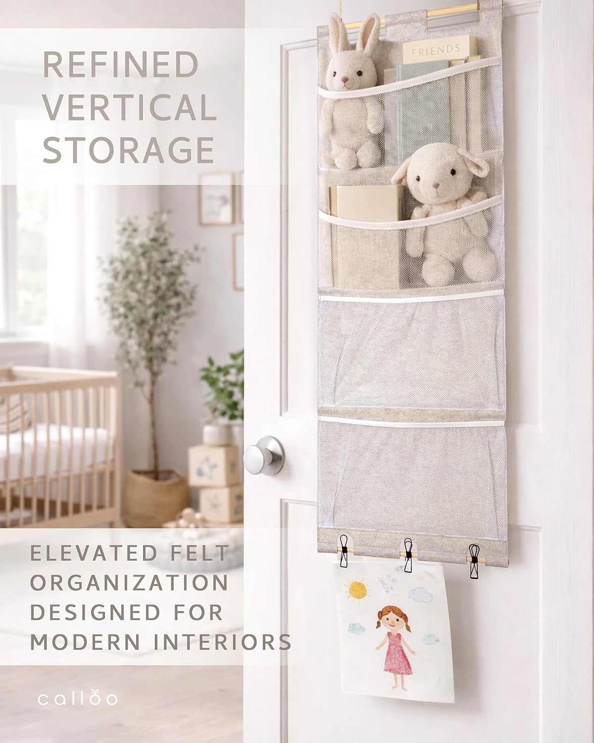Over the Door Stuffed Animal Storage for Kids – Felt Organizer with Clips to Display Art and Mesh Pockets for Stuffies, Books and More – Space-Saving Hanging Design that Grows with your Child