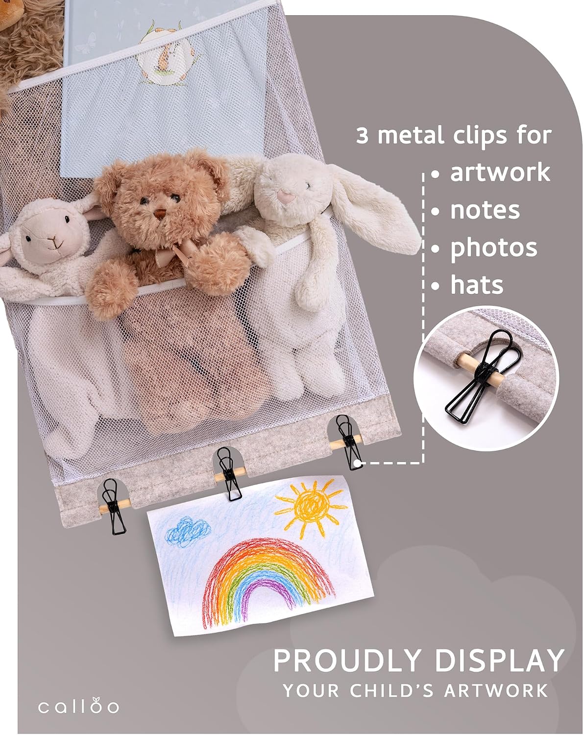 Over the Door Stuffed Animal Storage for Kids – Felt Organizer with Clips to Display Art and Mesh Pockets for Stuffies, Books and More – Space-Saving Hanging Design that Grows with your Child