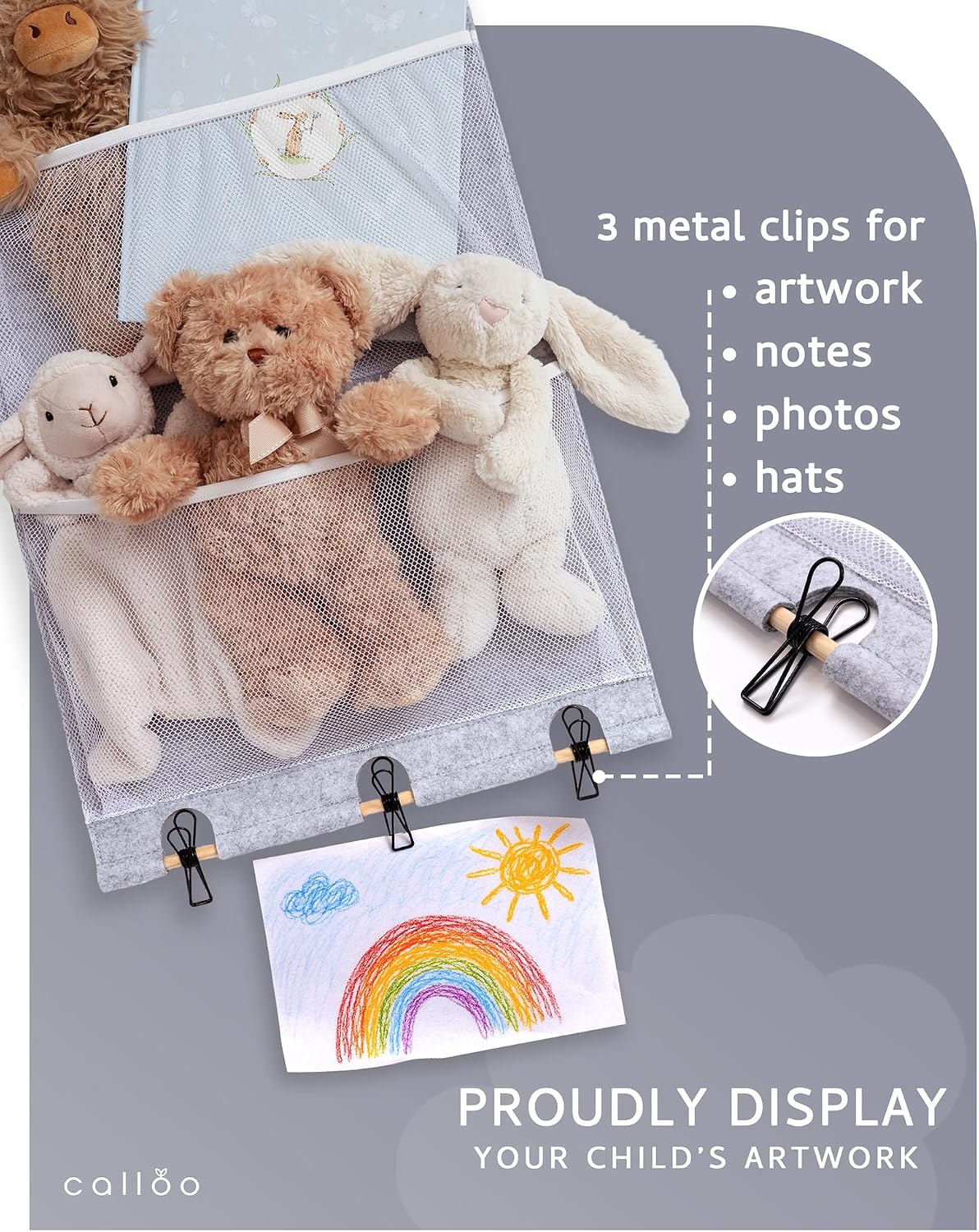 Over the Door Stuffed Animal Storage for Kids – Felt Organizer with Clips to Display Art and Mesh Pockets for Stuffies, Books and More – Space-Saving Hanging Design that Grows with your Child