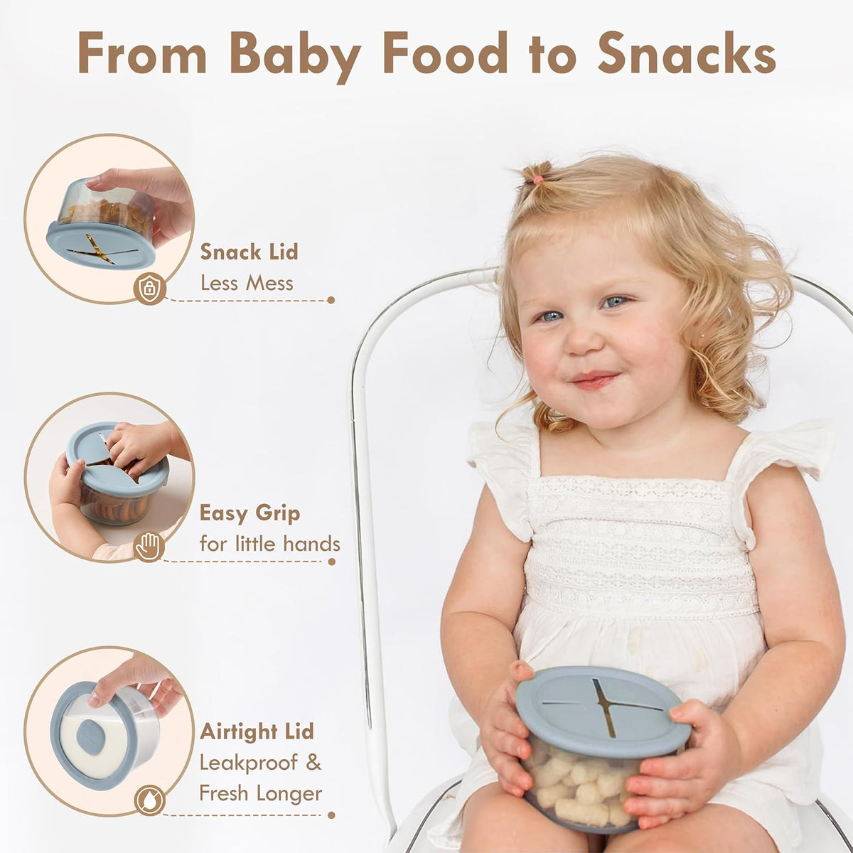 Silicone Snack Containers for Kids & Toddlers | 8 oz Baby Food Containers with Airtight Lids and A Snack Lid | Baby Food Jars | BPA Free | Freezer & Dishwasher Safe
