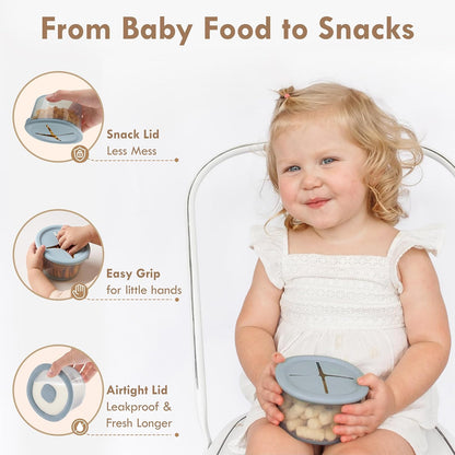 Silicone Snack Containers for Kids & Toddlers | 8 oz Baby Food Containers with Airtight Lids and A Snack Lid | Baby Food Jars | BPA Free | Freezer & Dishwasher Safe