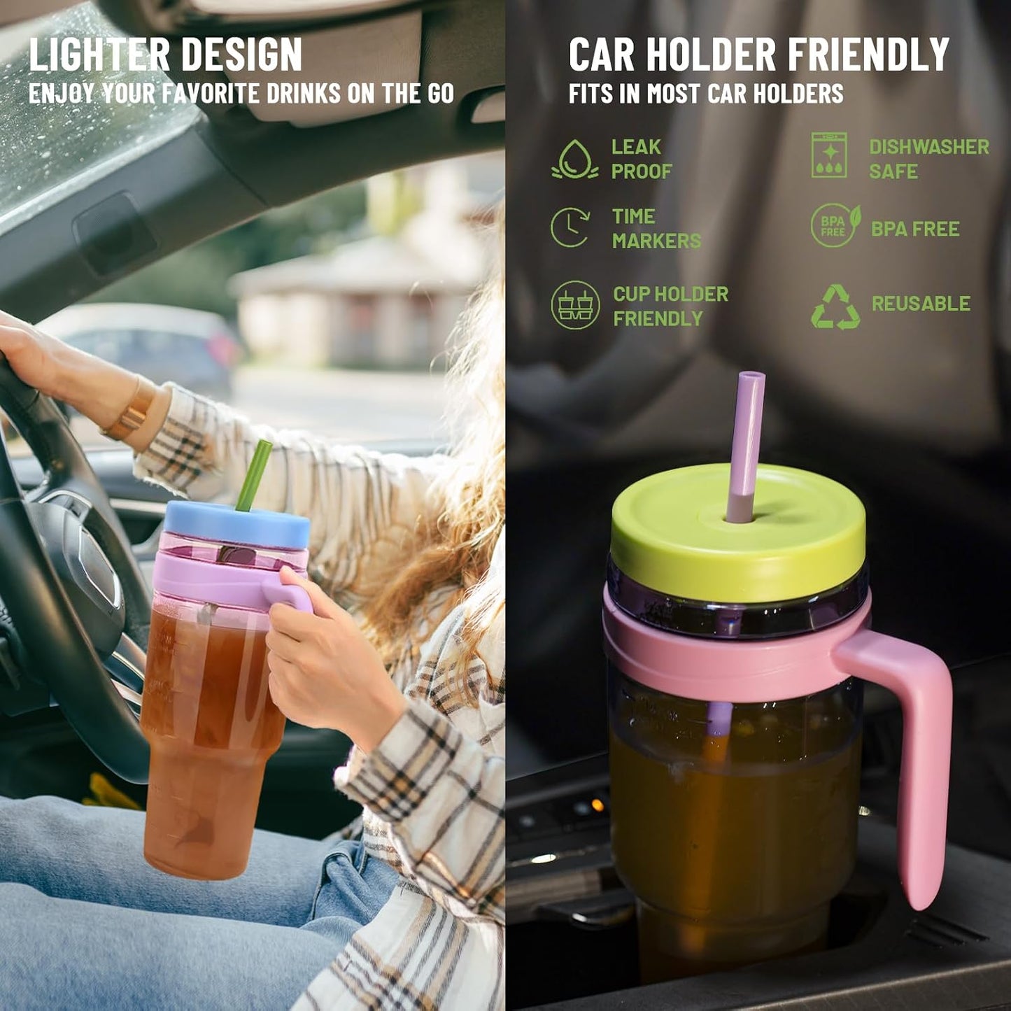 50 oz Clear Tumblers with Lid and Straw | Tritan Plastic, Leak-Proof BPA-Free Water Bottle with Time Marker, Reusable Cup for Iced Coffee, Tea, Juice, Boba, Smoothies