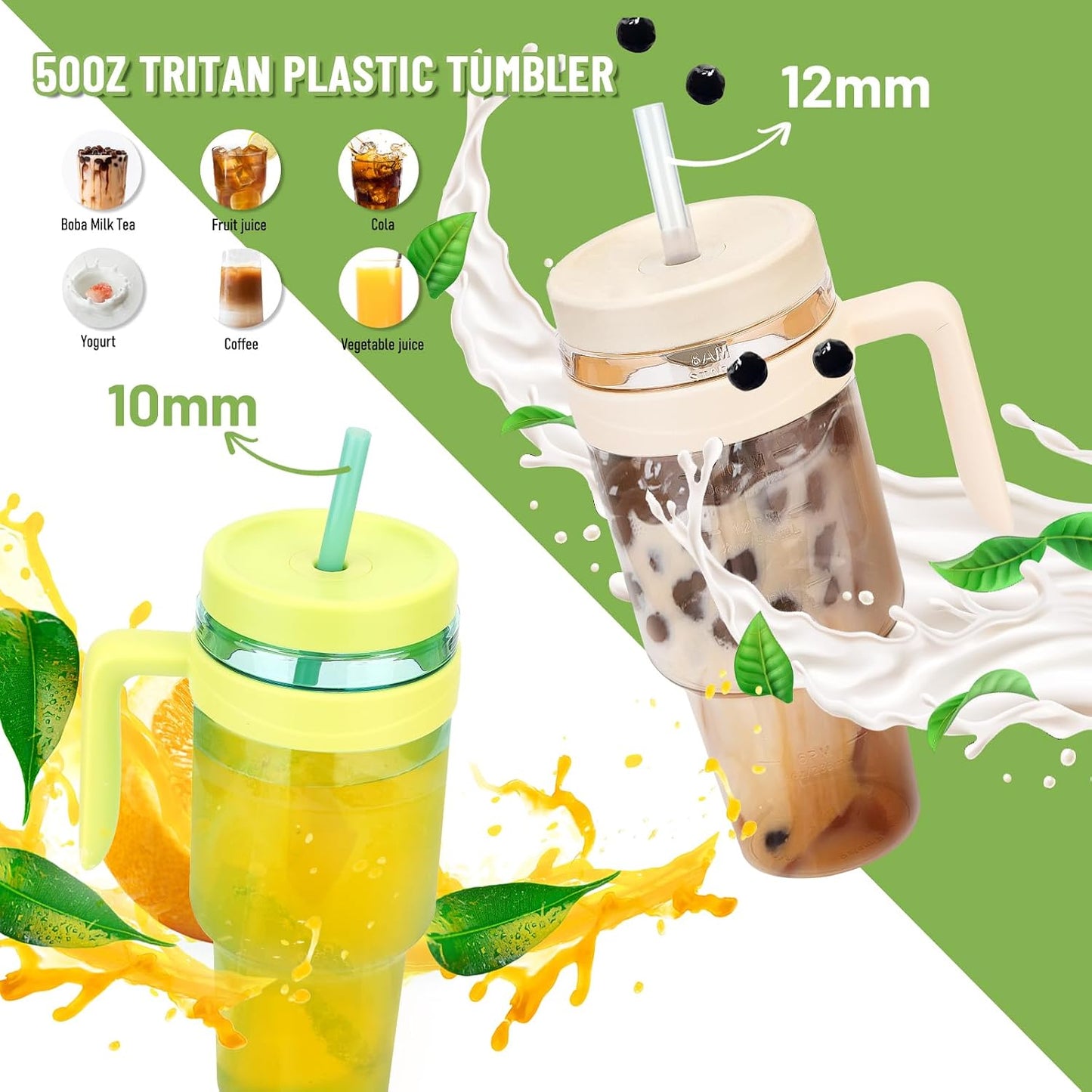 50 oz Clear Tumblers with Lid and Straw | Tritan Plastic, Leak-Proof BPA-Free Water Bottle with Time Marker, Reusable Cup for Iced Coffee, Tea, Juice, Boba, Smoothies