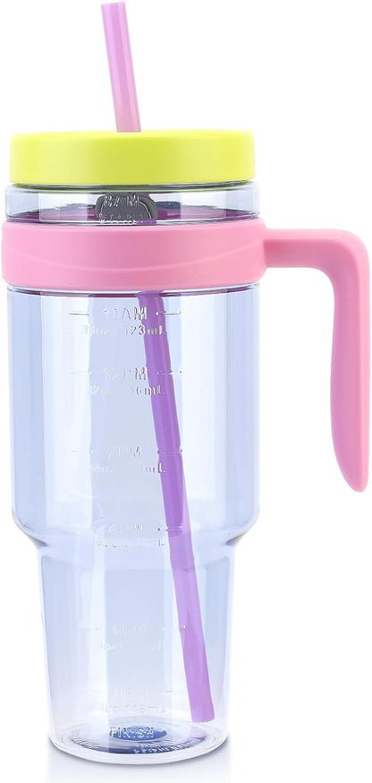 50 oz Clear Tumblers with Lid and Straw | Tritan Plastic, Leak-Proof BPA-Free Water Bottle with Time Marker, Reusable Cup for Iced Coffee, Tea, Juice, Boba, Smoothies