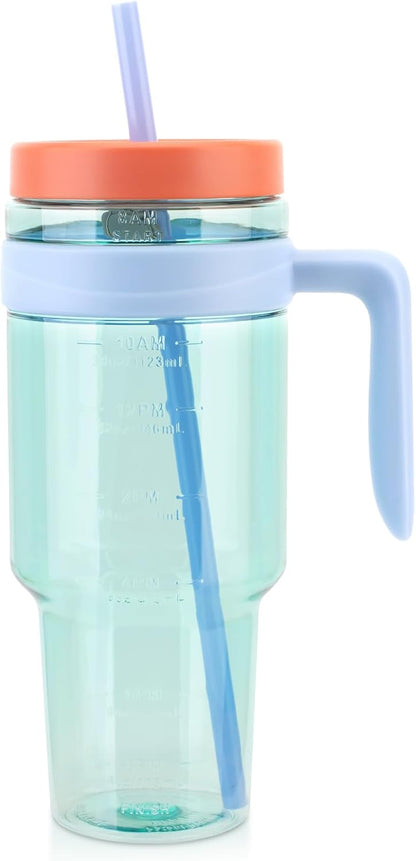 50 oz Clear Tumblers with Lid and Straw | Tritan Plastic, Leak-Proof BPA-Free Water Bottle with Time Marker, Reusable Cup for Iced Coffee, Tea, Juice, Boba, Smoothies