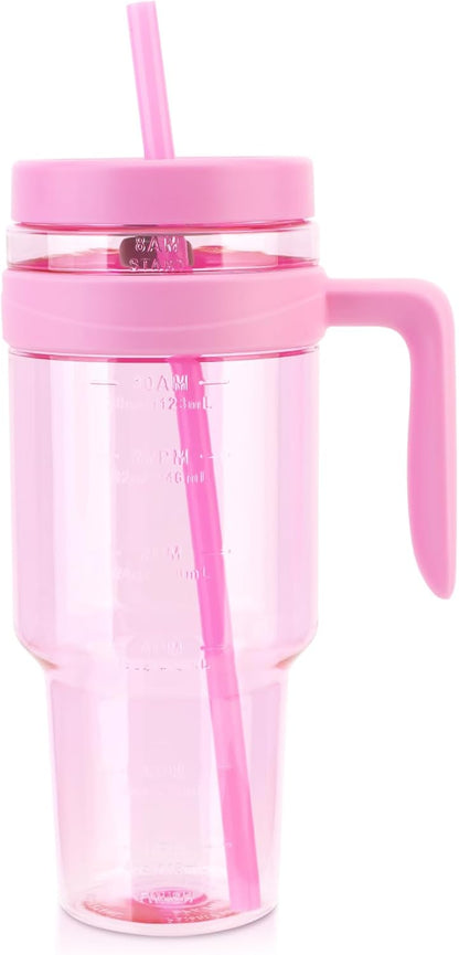 50 oz Clear Tumblers with Lid and Straw | Tritan Plastic, Leak-Proof BPA-Free Water Bottle with Time Marker, Reusable Cup for Iced Coffee, Tea, Juice, Boba, Smoothies