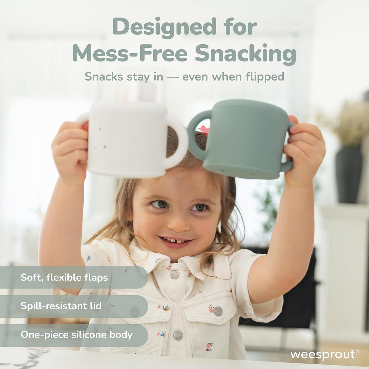 Snack Containers, Food Grade Silicone Cups, Spill-Proof Tops For Toddlers and Babies, Premium Hard Plastic Travel Lids, Dishwasher Safe, Set of 2 Snack Catchers