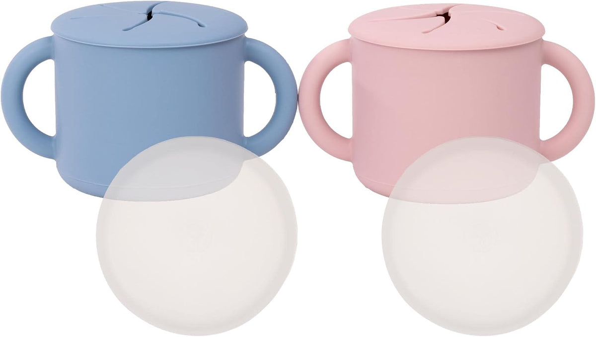 Snack Containers, Food Grade Silicone Cups, Spill-Proof Tops For Toddlers and Babies, Premium Hard Plastic Travel Lids, Dishwasher Safe, Set of 2 Snack Catchers