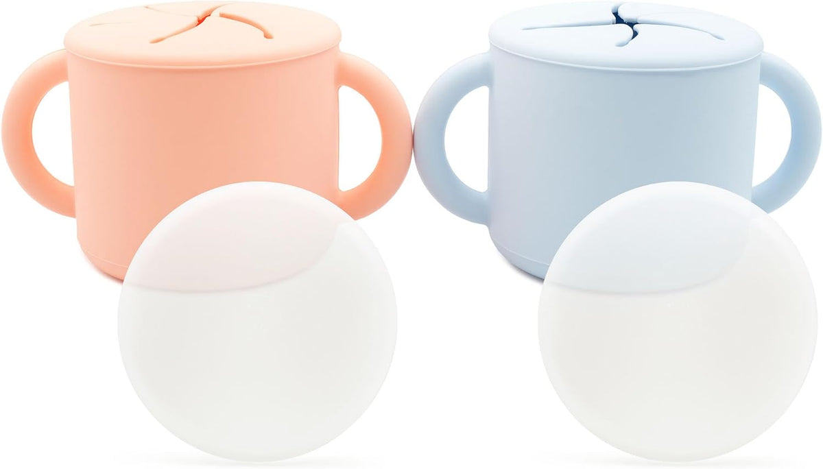 Snack Containers, Food Grade Silicone Cups, Spill-Proof Tops For Toddlers and Babies, Premium Hard Plastic Travel Lids, Dishwasher Safe, Set of 2 Snack Catchers