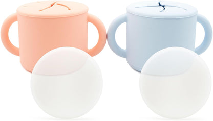 Snack Containers, Food Grade Silicone Cups, Spill-Proof Tops For Toddlers and Babies, Premium Hard Plastic Travel Lids, Dishwasher Safe, Set of 2 Snack Catchers