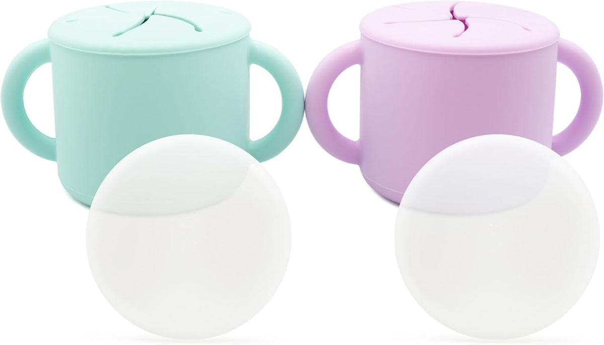 Snack Containers, Food Grade Silicone Cups, Spill-Proof Tops For Toddlers and Babies, Premium Hard Plastic Travel Lids, Dishwasher Safe, Set of 2 Snack Catchers
