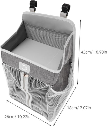 Hanging Nursery Organizer Bedside Storage Bag Diaper Caddy Tote with Multiple Pockets Gray Fabric for Crib Changing Table Essentials