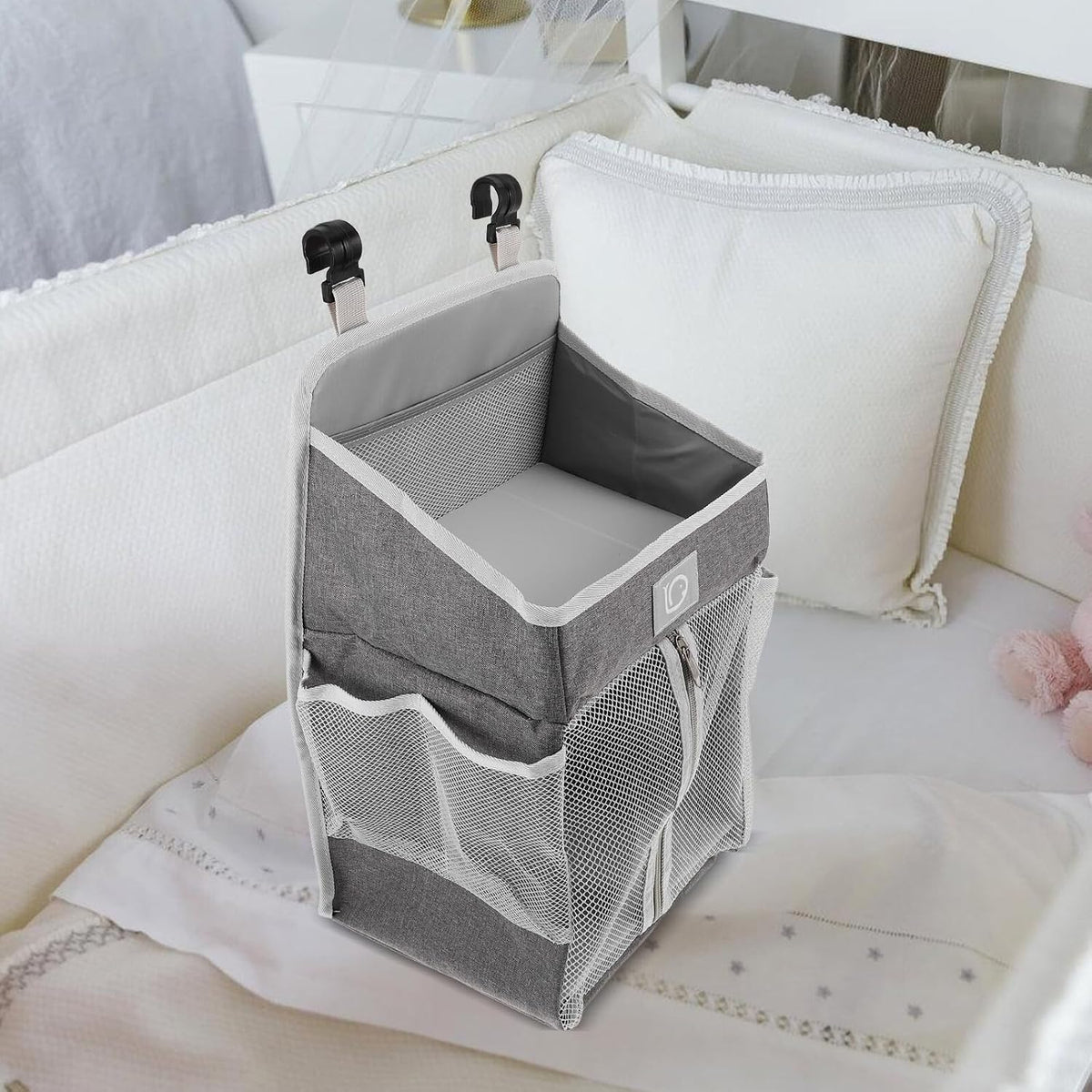 Hanging Nursery Organizer Bedside Storage Bag Diaper Caddy Tote with Multiple Pockets Gray Fabric for Crib Changing Table Essentials