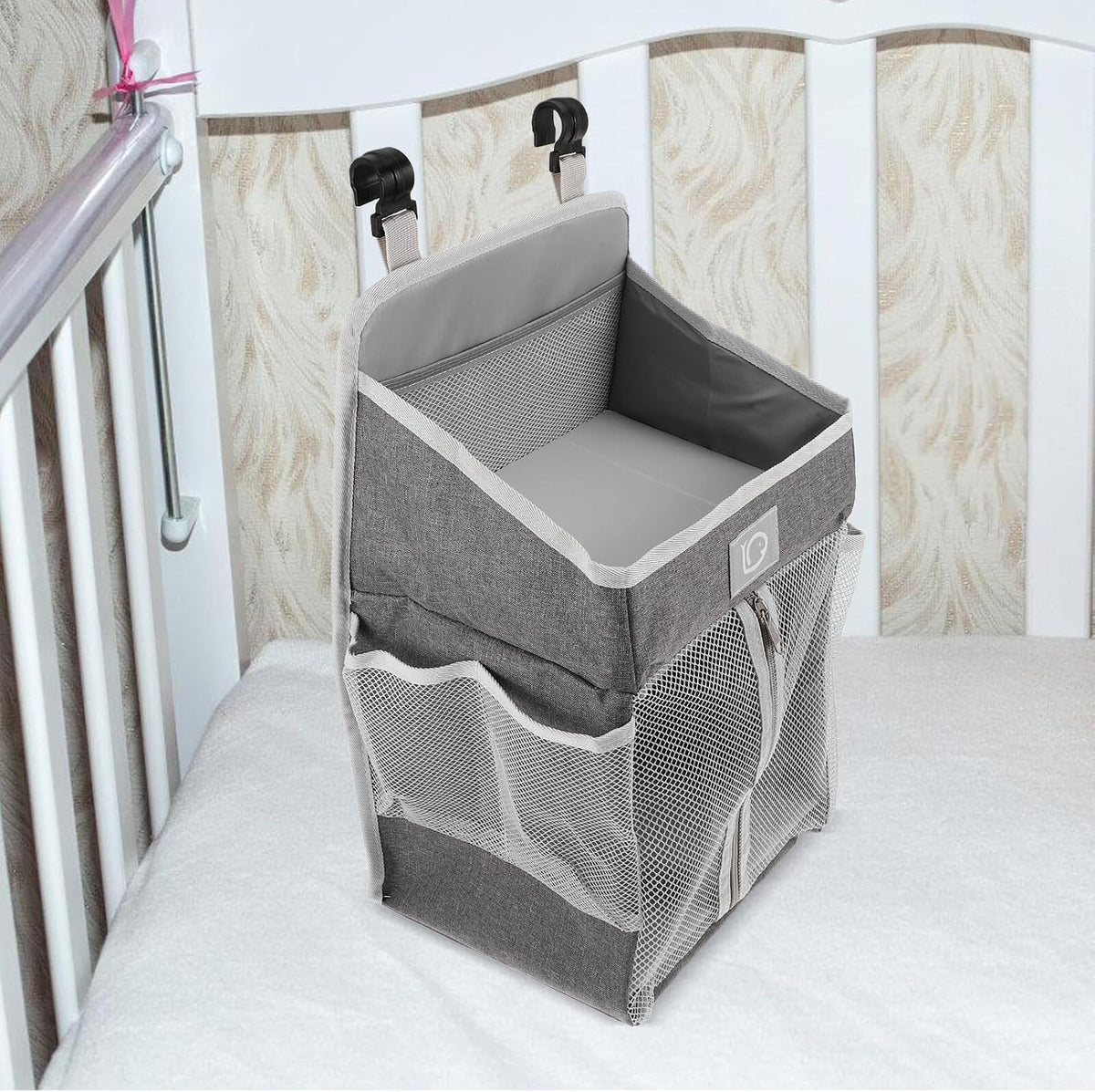 Hanging Nursery Organizer Bedside Storage Bag Diaper Caddy Tote with Multiple Pockets Gray Fabric for Crib Changing Table Essentials