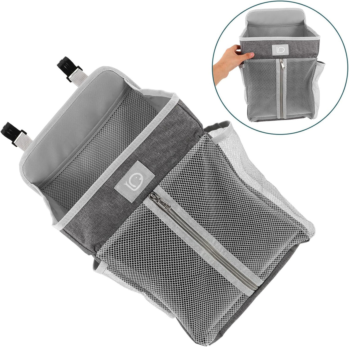 Hanging Nursery Organizer Bedside Storage Bag Diaper Caddy Tote with Multiple Pockets Gray Fabric for Crib Changing Table Essentials