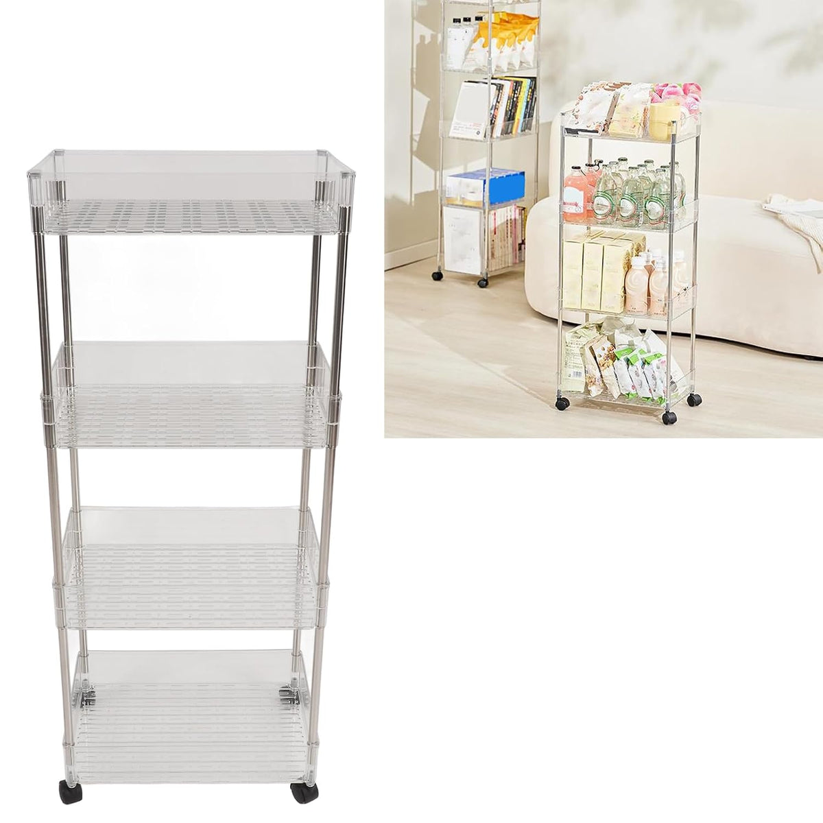 Baby Diaper Organizer, Large Capacity 4 Layer Transparent Storage Rack Changing Table Cart, Movable Storage Cart with Wheels for Newborn Nursing Station