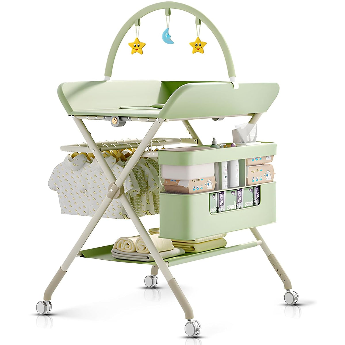 Changing Table, Portable Baby Changing Table with Wheels, Upgraded Foldable Diaper Changing Station with 5-Level Adjustable Height & Large Nursery Organizer Storage for Newborn Infant (Green)