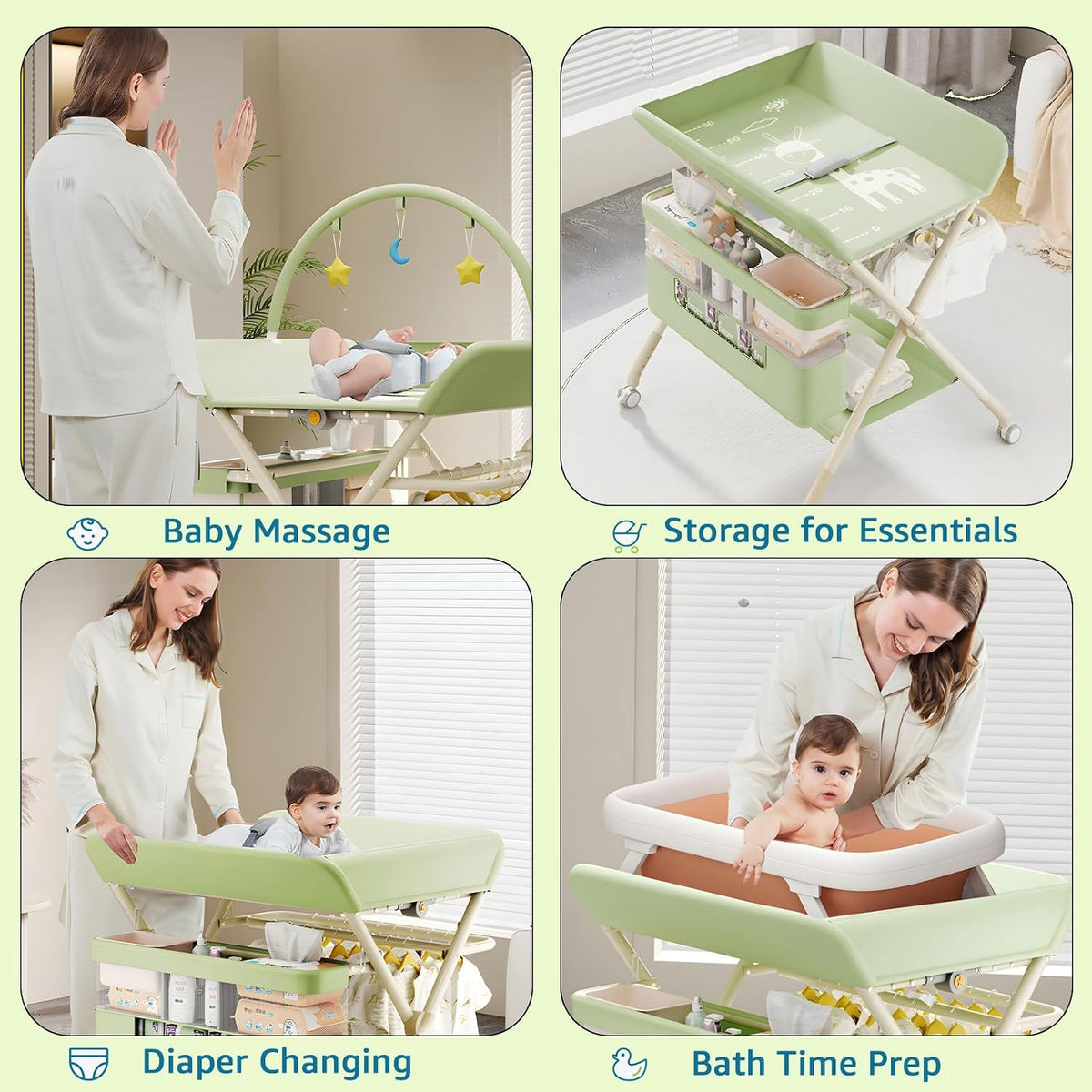 Changing Table, Portable Baby Changing Table with Wheels, Upgraded Foldable Diaper Changing Station with 5-Level Adjustable Height & Large Nursery Organizer Storage for Newborn Infant (Green)