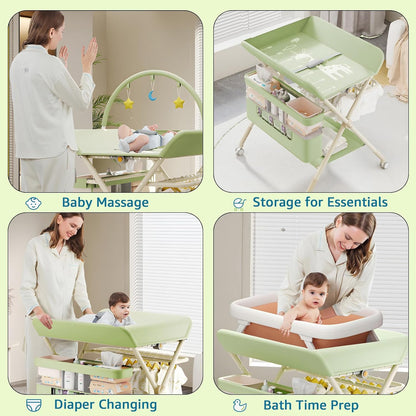 Changing Table, Portable Baby Changing Table with Wheels, Upgraded Foldable Diaper Changing Station with 5-Level Adjustable Height & Large Nursery Organizer Storage for Newborn Infant (Green)
