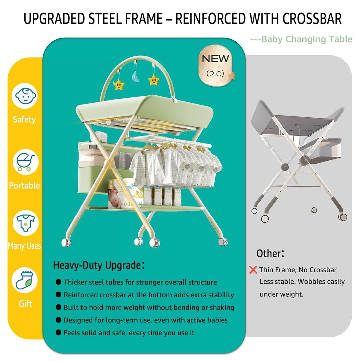 Changing Table, Portable Baby Changing Table with Wheels, Upgraded Foldable Diaper Changing Station with 5-Level Adjustable Height & Large Nursery Organizer Storage for Newborn Infant (Green)