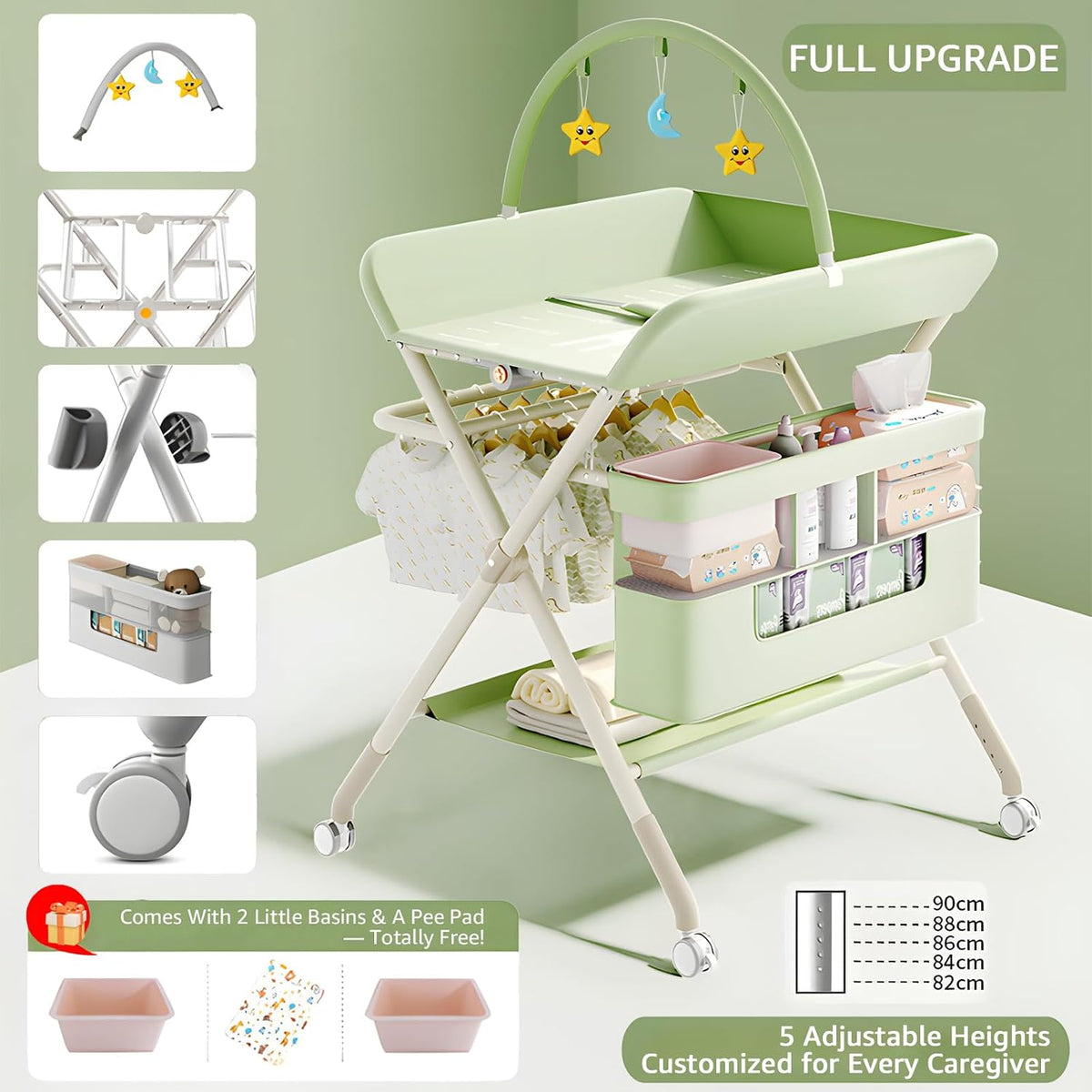Changing Table, Portable Baby Changing Table with Wheels, Upgraded Foldable Diaper Changing Station with 5-Level Adjustable Height & Large Nursery Organizer Storage for Newborn Infant (Green)