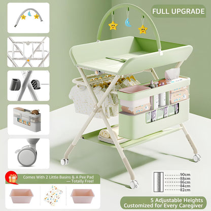 Changing Table, Portable Baby Changing Table with Wheels, Upgraded Foldable Diaper Changing Station with 5-Level Adjustable Height & Large Nursery Organizer Storage for Newborn Infant (Green)