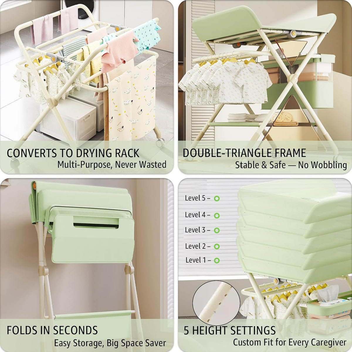 Changing Table, Portable Baby Changing Table with Wheels, Upgraded Foldable Diaper Changing Station with 5-Level Adjustable Height & Large Nursery Organizer Storage for Newborn Infant (Green)