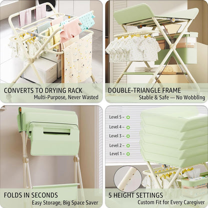 Changing Table, Portable Baby Changing Table with Wheels, Upgraded Foldable Diaper Changing Station with 5-Level Adjustable Height & Large Nursery Organizer Storage for Newborn Infant (Green)