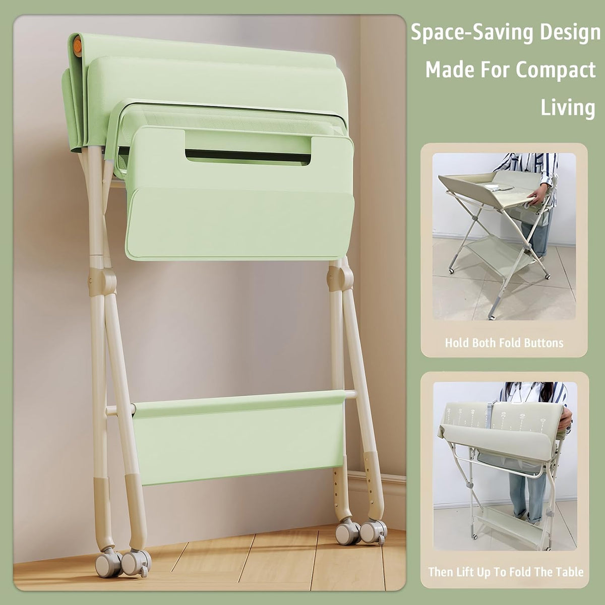Changing Table, Portable Baby Changing Table with Wheels, Upgraded Foldable Diaper Changing Station with 5-Level Adjustable Height & Large Nursery Organizer Storage for Newborn Infant (Green)