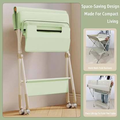 Changing Table, Portable Baby Changing Table with Wheels, Upgraded Foldable Diaper Changing Station with 5-Level Adjustable Height & Large Nursery Organizer Storage for Newborn Infant (Green)