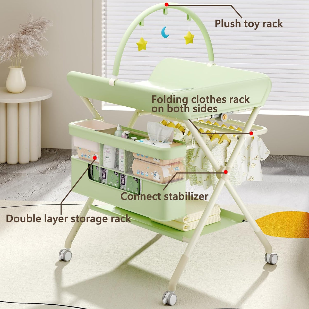Changing Table, Portable Baby Changing Table with Wheels, Upgraded Foldable Diaper Changing Station with 5-Level Adjustable Height & Large Nursery Organizer Storage for Newborn Infant (Green)